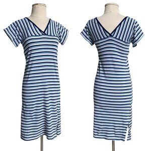 70s Vintage T-Shirt Dress Stripe V-neck Short Sleeve Midi Casual Shirt Navy.